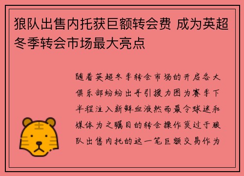 狼队出售内托获巨额转会费 成为英超冬季转会市场最大亮点