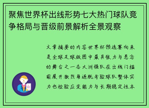 聚焦世界杯出线形势七大热门球队竞争格局与晋级前景解析全景观察